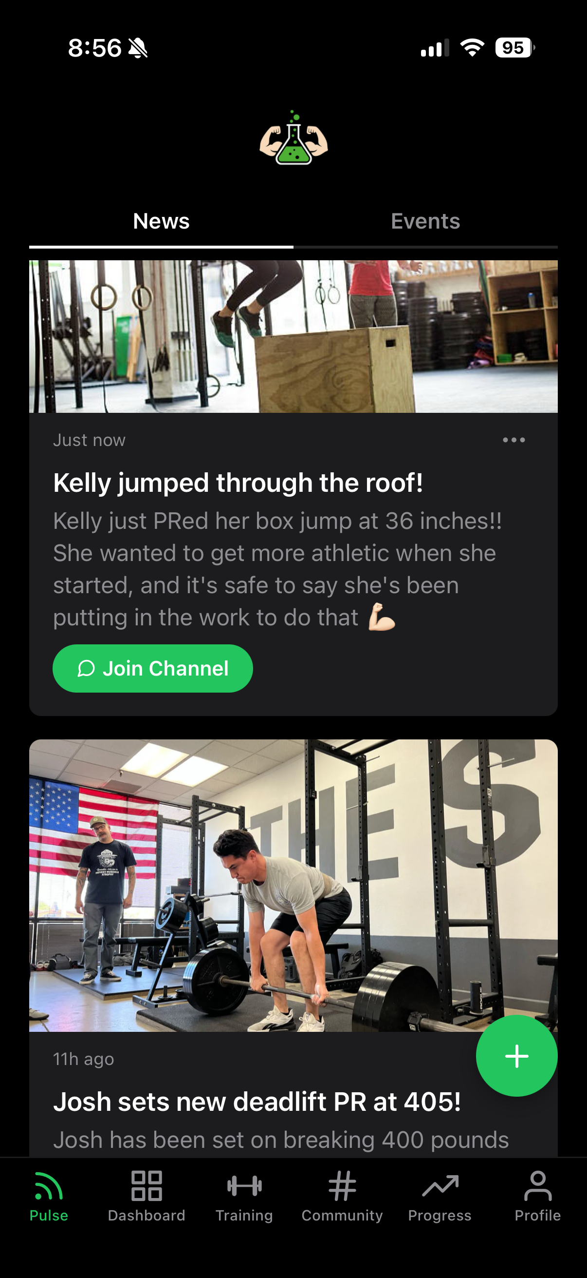 The Pulse — gym's internal newsfeed showing PRs and milestones