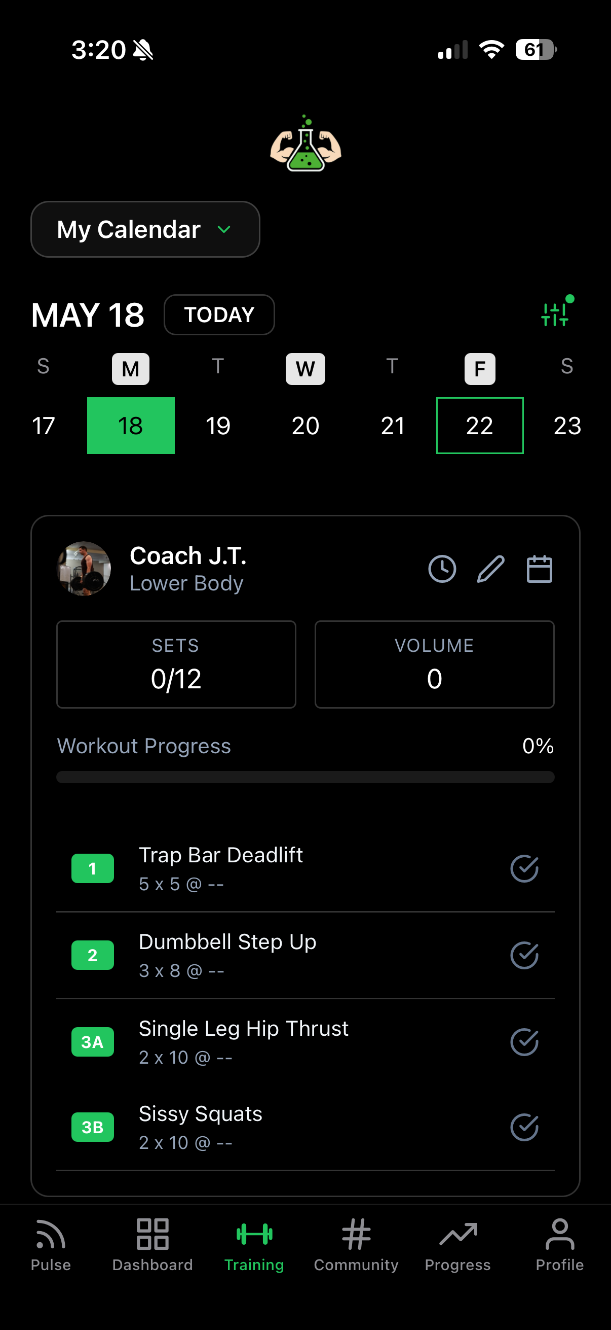 Workout view — Coach J.T. Lower Body with exercises and sets